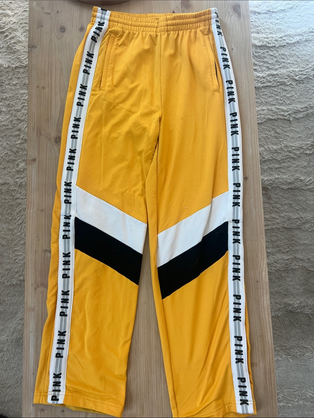 PINK Yellow Athletic Track Pants Snap Y2K Sweat Black & White Chevrons